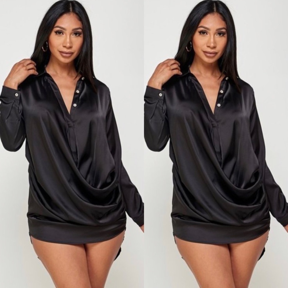 NEW TRENDY SATIN BLACK HIGH LOW COLLAR LONG SLEEVE DROP BUTTON DOWN SHIRT DRESS